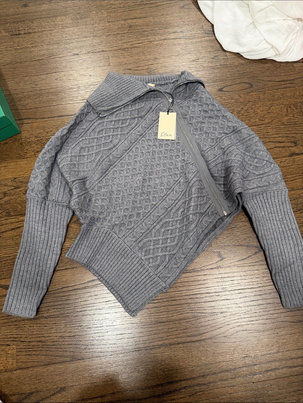 Elan Charcoal Gray Cable Knit Asymmetrical Zip Turtleneck Sweater